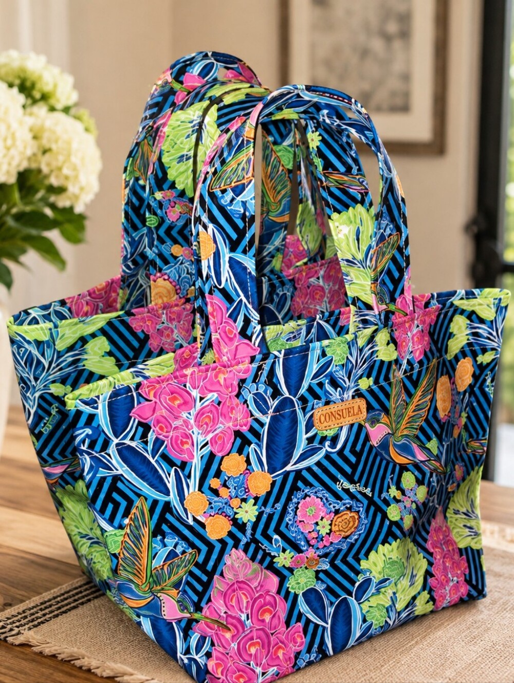 Consuela Navy Floral Tote with Pink, Green & Orange Accents